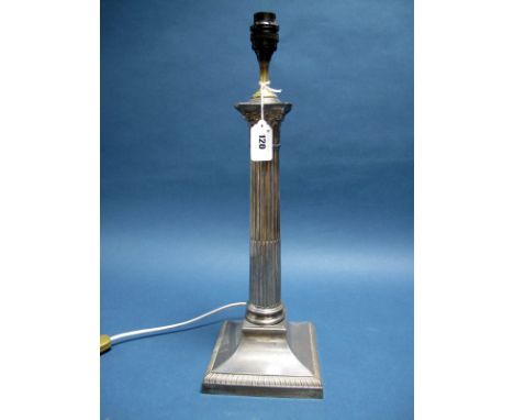 A Hallmarked Silver Corinthian Column Table Lamp, HELd, Sheffield 1921, on square base (weighted), overall height 46.5cm. 