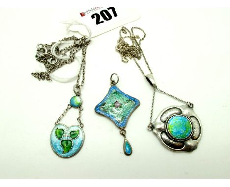 Charles Horner; A Hallmarked Silver and Enamel Pendant, highlighted in turquoise and green, on double chain suspension, Chest