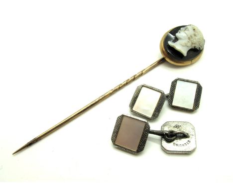 A XIX Century Stickpin, the cameo style finial (cracked) depicting female profile; Together with A Pair of Art Deco Gent's Cu