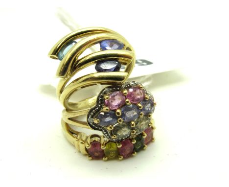 A 9ct Gold Cluster Ring, claw set throughout, within inset border and openwork shoulders; Together with A Modern 9ct Gold QVC