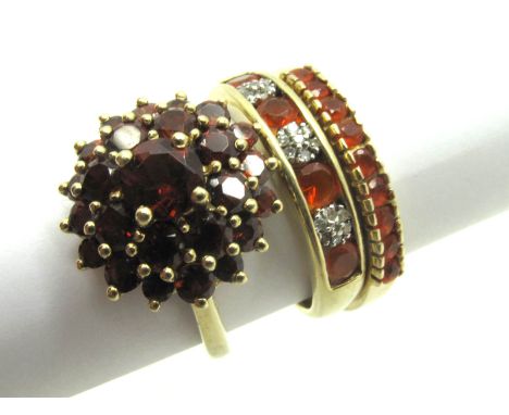 A Large 9ct Gold QVC Cluster Dress Ring, claw set throughout; Together with A 9ct Gold Inset Band Ring, and another 9ct gold 