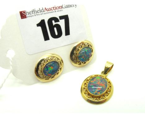 A Pair of Modern Opal Set Earrings, each oval (doublet?) cabochon collet set, within pierced oval border (close back setting)