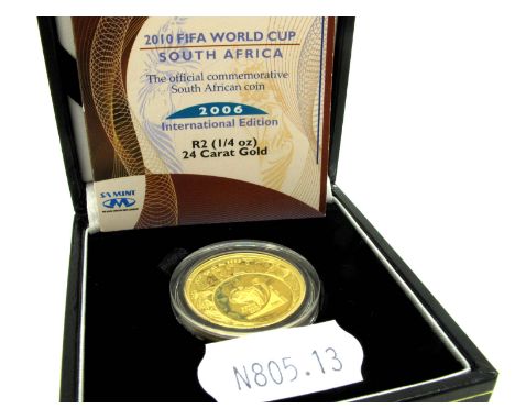 A Cased SA Mint R2 (¼oz) Gold Coin Commemorating the 2010 FIFA World Cup - South Africa, accompanied by literature.