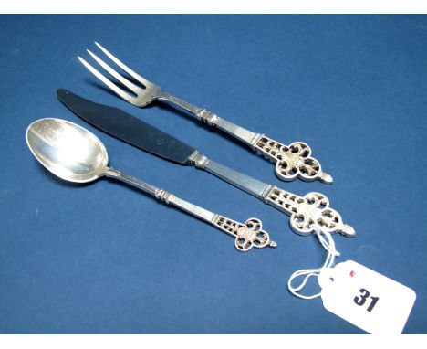 Christofle; A French Knife, Fork and Spoon Set, bearing import marks for Sheffield Assay Office, Sheffield 1967, each finial 