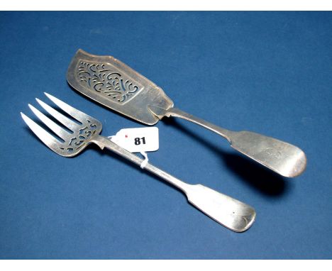 A Hallmarked Silver Fiddle Pattern Fish Slice, William Eaton, London 1841, with scroll pierced blade, initialled "C"; A Hallm