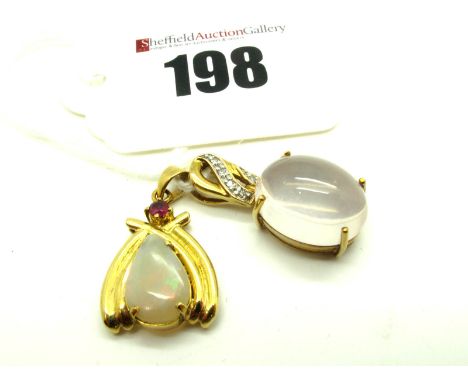 A Modern 9ct Gold Single Stone Pendant, the high domed oval cabochon four claw set, below inset bail; An Opal Set Pendant, te
