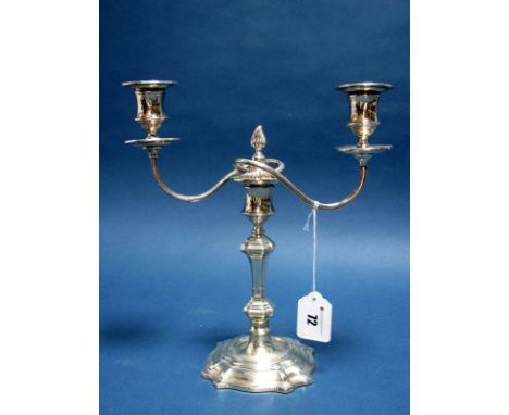 A Hallmarked Silver Twin Branch Candelabrum, James Dixon &amp; Son, Sheffield 1949, with knopped stem on shaped spreading bas