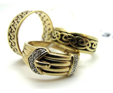 A 9ct Gold Patterned Band, of Celtic design; Together with Another, of openwork design, and a 9ct gold buckle style ring, wit