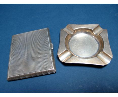 A Slim Hallmarked Silver Cigarette Case, of rectangular form allover engine turned; A Hallmarked Silver Ashtray, "Cleckheaton