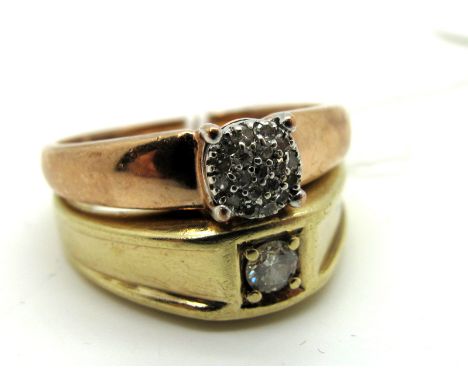 A 9ct Rose Gold Cluster Ring, of circular design, claw set throughout; Together with A 9ct Gold Single Stone Ring. (2) 