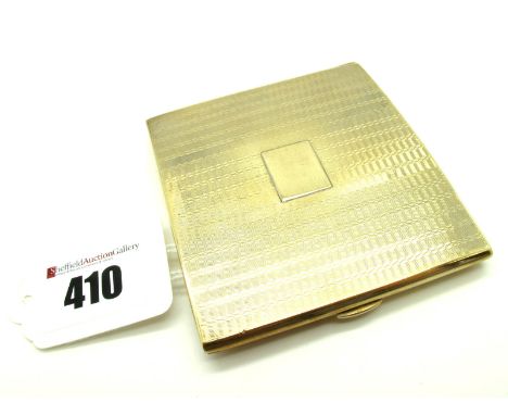 A 9ct Gold Cigarette Case, of rectangular form, allover engine turned, with internal strap, PPLd, Birmingham 1926 (mark rubbe
