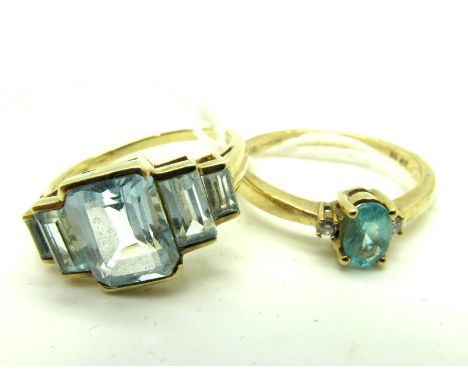 A Modern 9ct Gold QVC Dress Ring, rectangular collet set with graduated stones; Together with A 9ct Gold Dress Ring, with ova