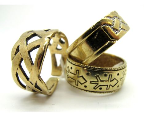 A 9ct Gold Patterned Band; Together with Another 9ct Gold Band Ring, and a 9ct gold ring, of openwork design.