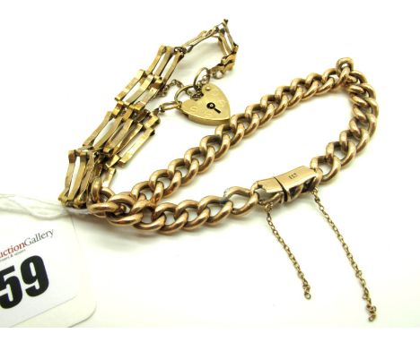 A Curb Link Bracelet, of uniform design to concealed clasp, stamped "9c" (safety chain broken); Together with A 9ct Gold Gate
