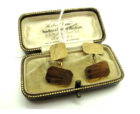 A Pair of Chester Hallmarked 9ct Gold Gent's Cufflinks, each rectangular panel with line decoration, on chain connections, Ch