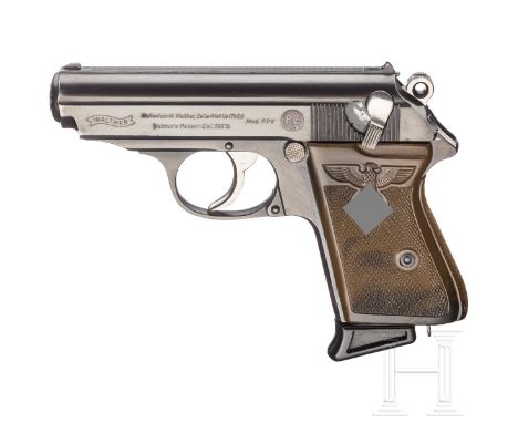   Walther PPK, ZM, RZM   Kal. 7,65 mm Brown., Nr. 285845 k, Blanker Lauf. Siebenschüssig. Beschuss Adler/N. 60°-Sicherung. Si
