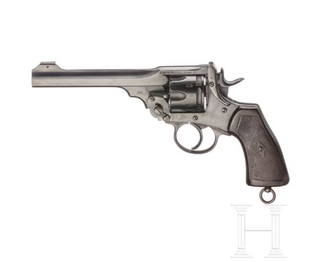   Webley Mark VI  Kal. .455 Webley, Nr. 248637, nummerngleich. Fast blanker Kipplauf, Länge 6". Sechsschüssig. Beschuss. Rahm