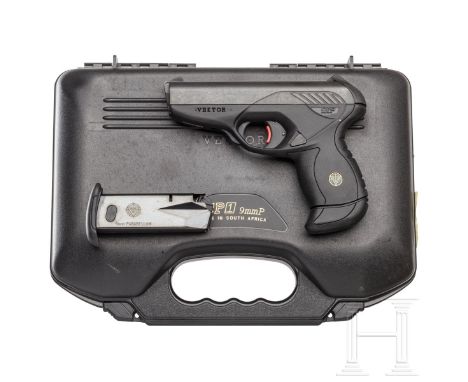   Vektor Mod. CP 1, im Koffer  Kal. 9 mm Luger, Nr. BBB 148, Blanker Polygonlauf, Länge 100 mm. 13-schüssig. Dt. Beschuss. Fe
