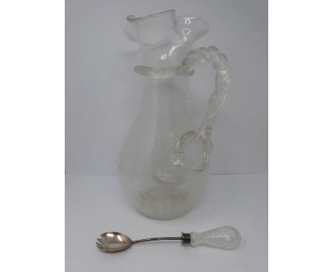 Antique crackle glass champagne pitcher and blown glass handle ice scoop, 1870, by Boston and Sandwich glass company, USA, tw