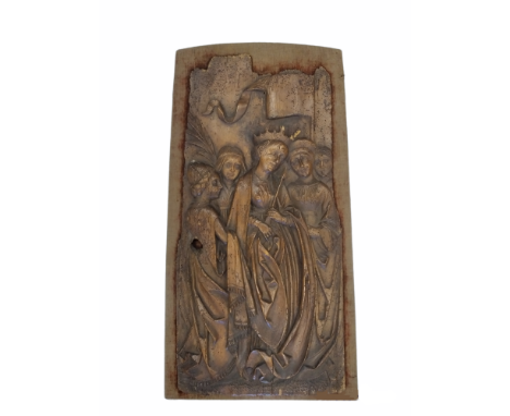 18th century frame, possibly much older. Gothic oak carved panel depicting Saint Ursula with her companions. Ursula (center) 