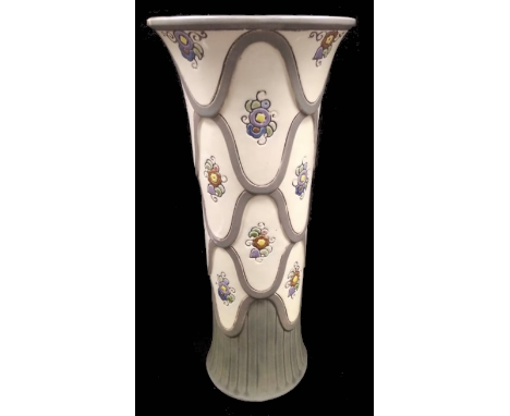 Early 20th century ceramic vase executed by Eichwald. Trumpet form, stands on circular foot. Grey glaze has run during produt