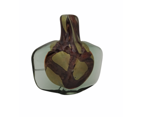 1970's Mdina glass, designed by Michael Harris. "Hammer head" vase. Blown mottled glass in clear case. Height&gt; 21cm x 20.5