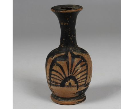 ITEM: Squat lekythos with palmetteMATERIAL: PotteryCULTURE: GreekPERIOD: 5th – 4th Century B.CDIMENSIONS: 91 mm x 42 mmCONDIT