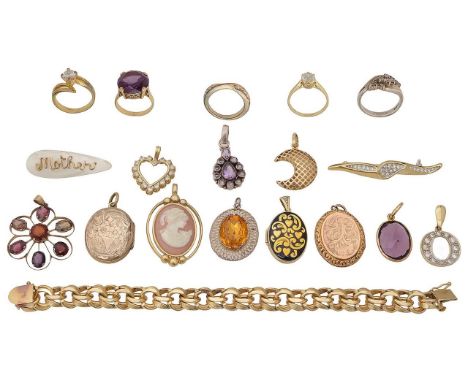 A collection of lockets and costume jewellery 9ct gold oval locket, chased with floral design, stamped with scrolling floral 