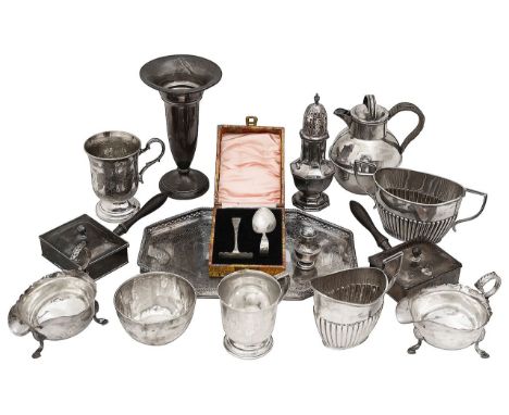 A collection of silver and plated itemsvarious dates, makers marks comprising a twin handled sugar basin and milk jug of oval