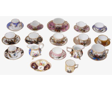 A collection of Dresden porcelain miniatures in the manner of Helena Wolfsohnearly 20th century comprising various teacups an