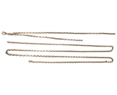 A gold cable link guard chain in two separate pieces, stamped "10ct"total approx. length 53cm and 125cm total approx. weight 