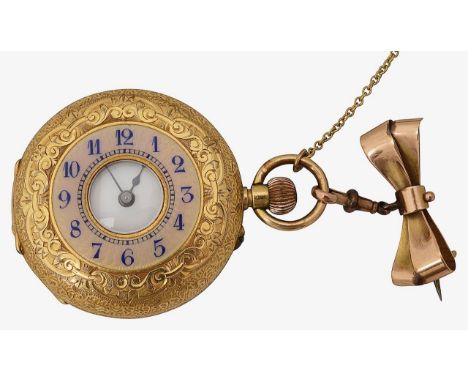 A lady's 18K gold and enamel keyless half hunter fob watch the chased case with pink enamel chapter ring with enamelled dial 