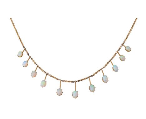 An Edwardian opal fringe necklacethe fine yellow cable link chain suspending a graduated fringe of knife edge bars with opal 