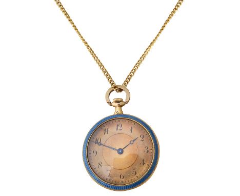 A Continental blue guilloche enamel and diamond pendant keyless time pieceof circular form the enamel applied with rose cut d