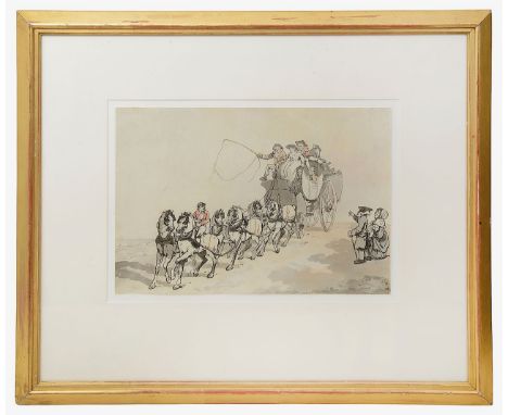 Thomas Rowlandson. (British, 1756-1827)'Stage Coach and six', etching and watercolour on laid paper, c.1786 unsigned, mounted