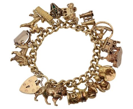 A 9ct gold charm bracelet 9ct gold curb-link chain suspending various charms, mostly 9ct gold, stamped with hallmarks, includ