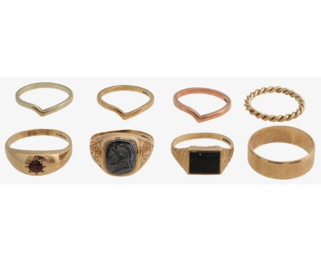 A collection of 9ct gold rings9ct gold and garnet set gypsy ring, central circular mix-cut garnet, set to a plain tapering sh