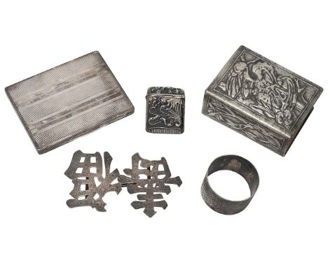 A French silver cigarette case and other itemsfirst rectangular with engine turned decoration, French guarantee, a Chinese ex