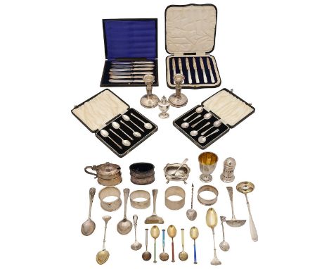 A collection of silver cruet items, cased sets of spoons, etcvarious dates, makerscomprising a panelled egg cup, Sheffield, 1