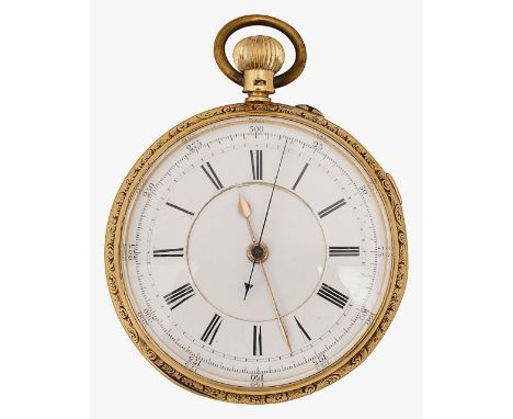 A late Victorian 18ct gold open faced keyless chronograph pocket watch the white enamel dial with black Roman numerals, minut