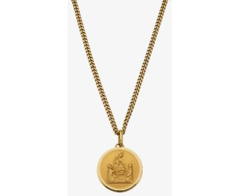 A circular pendant and chain depicting the Holy family, stamped to suspension loop "750", suspended on a fine trace-link chai