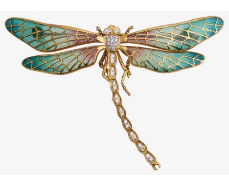 An enamel, diamond-set and 18ct yellow gold dragonfly brooch by Nicole Barrthe diamond-set body to the polychrome plique a jo