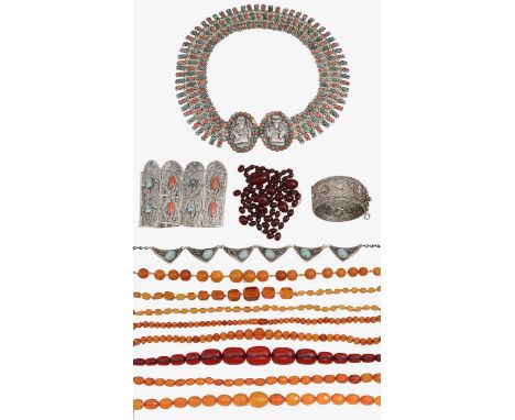 A collection of costume jewellery Chinese collar necklace, set with turquoise and coral cabochons, two central panels depicti