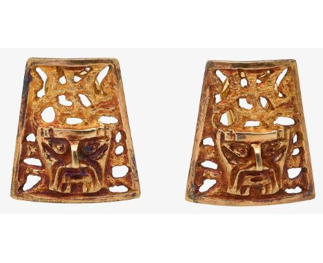 A pair of panel ear-studsof open work design, featuring an Aztec-style head, stamped '750' total approx. diameter 2cm, total 