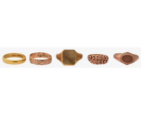 A collection of assorted gold rings22ct gold band, stamped with Birmingham hallmarks; 9ct gold truncated  square signet ring,