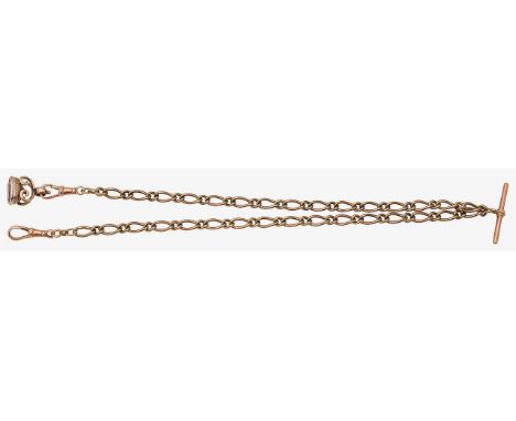 9ct gold fancy link watch chainstamped to links '375', suspending T-bar and a fob set with a purple gemstone intaglio, inscri