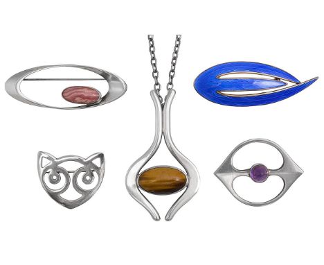A collection of Scandinavian silver jewellerysilver and amethyst brooch by Hans Hansen, set with central amethyst  sugar loaf