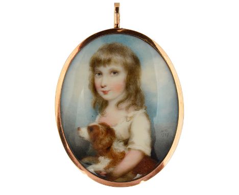Andrew Plimer (Brit. 1763-1837)a portrait of a young girl with her Cavalier King Charles spaniel, facing left wearing a cream