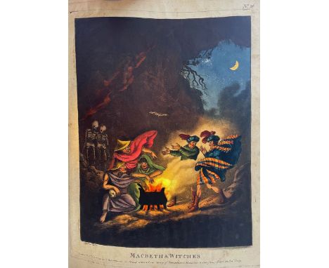 Four hand coloured mezzotint transparency prints c.1800comprising after Holmes engraved by Jenner, No 36 'Macbeth &amp; Witch