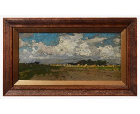 British School, Early 20th Century 'A Harvest landscape', oil on canvas, unsigned, framed, glazedcanvas 20.5 x 41cm., overall